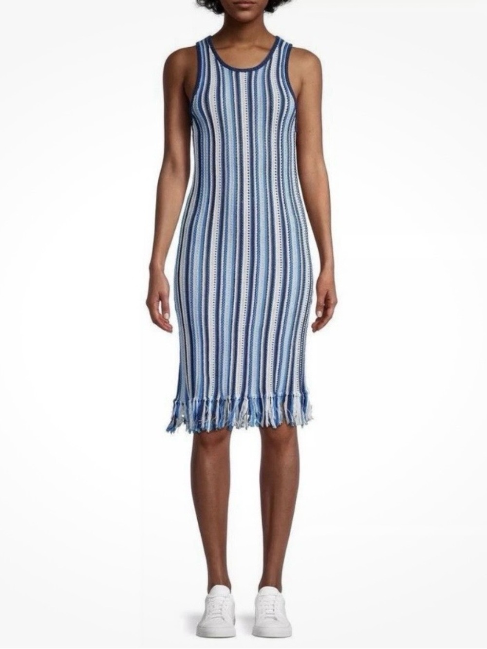 White + Warren Crochet Fringe Tank Dress Blue Striped Cotton Size Large Boho